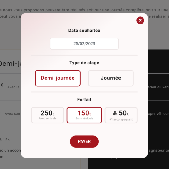 Desarrollo web a medida: Reserva de formación 4x4 para alquiler de vehículos y actividades al aire libre - Espace Hannibal Francia