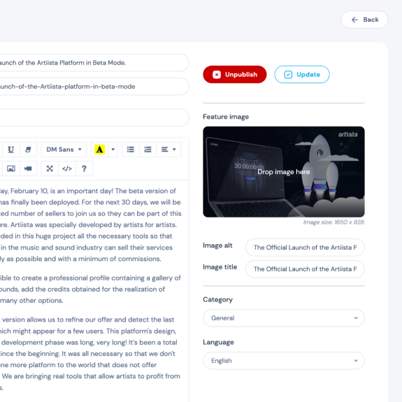 Desarrollo web a medida: publicación de posts en un blog para marketplace de música y audio - Artiista Francia