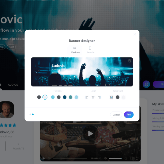 Desarrollo web a medida: diseño de un perfil de artista para marketplace de música y audio - Artiista Francia