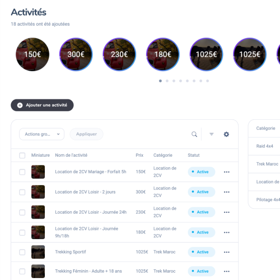 Desarrollo web a medida: sistema de gestión de actividades para alquiler de vehículos y actividades al aire libre - Espace Hannibal Francia
