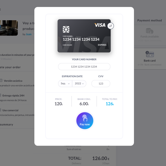 Desarrollo web a medida: sistema de pago por tarjeta bancaria para marketplace de música y audio - Artiista Francia