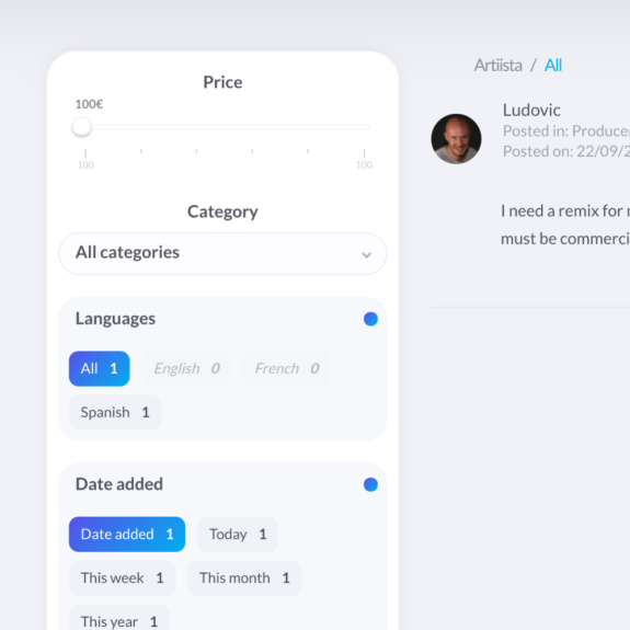 Desarrollo web a medida: filtros de búsqueda para marketplace de música y audio - Artiista Francia